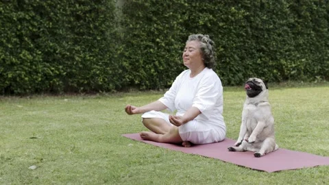 Asian Elderly woman practicing meditating yoga. Stock Footage