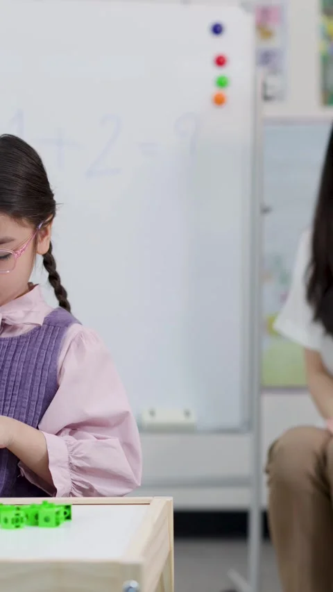 Asian Elementary School Students Using Building Blocks for Math Lessons Stock Footage 335616958