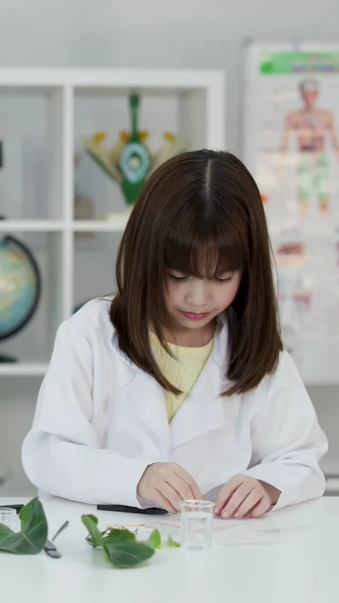 Asian Elementary Student in Lab Coat Conducting Science Experiment Stock Footage 346219256