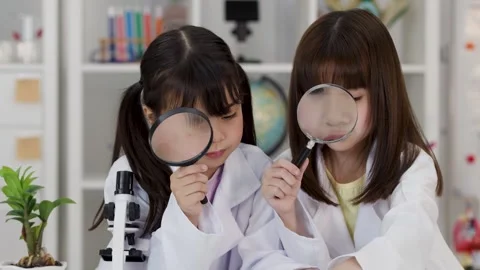 Asian Elementary Students Examining Plants with Magnifying Glasses in Science Stock Footage 346452627