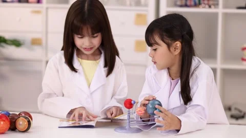 Asian Elementary Students in Lab Coats Studying Solar System Model Stock Footage 342313324