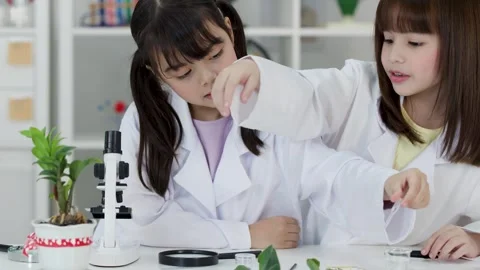 Asian Elementary Students Using Microscope in Science Laboratory Stock Footage 345114213