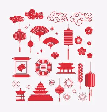 Asian elements ses decorative collection of lanterns ornaments in chinese and Stock Illustration