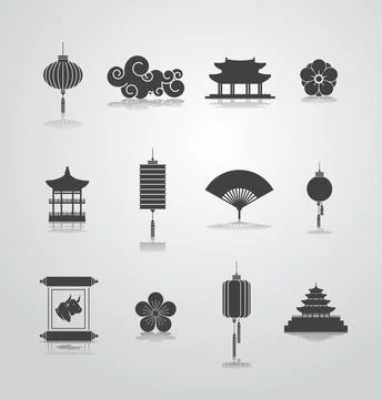 Asian elements ses decorative collection of lanterns ornaments in chinese and Stock Illustration