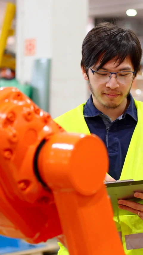 Asian engineer checking robots in a factory Stock Footage 255708817