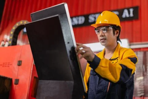 Asian Engineer male worker work control operate machine control panel in me.. Stock Photos