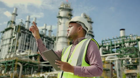 Asian engineer manager man with white safety helmet standing front of oil refine Stock Footage 171197761