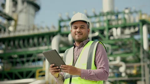  Asian engineer manager man with white safety helmet standing front of oil refin Stock Footage 171210102