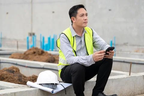 Asian engineer resting after hard work at construction site. Stock Photos
