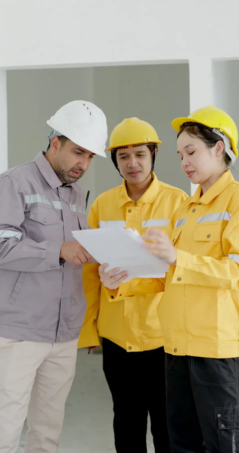 Asian engineer team reviews site document during indoor construction meeting, Stock Footage 337632463