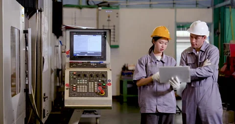 Asian engineer team reviews tablet data beside CNC control panel, comparing Stock Footage 337285329