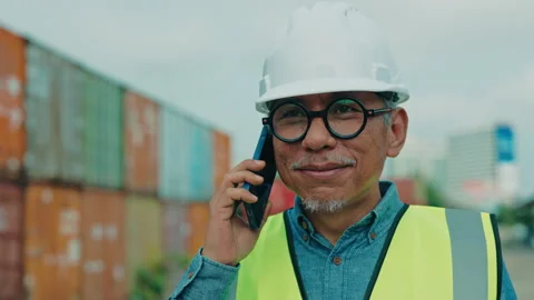 Asian Engineer Wearing Uniform Calling On Cell Phone To Discuss Business Stock Footage 306978209