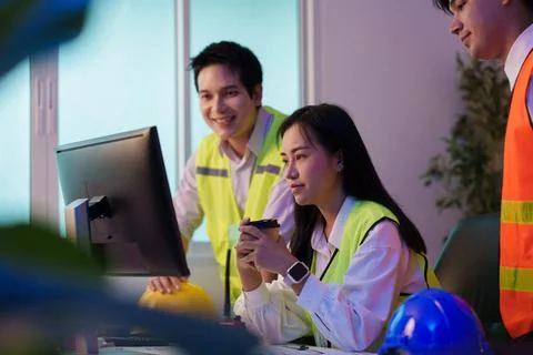 Asian engineering team reviewing project blueprints on computer monitor Foto stock