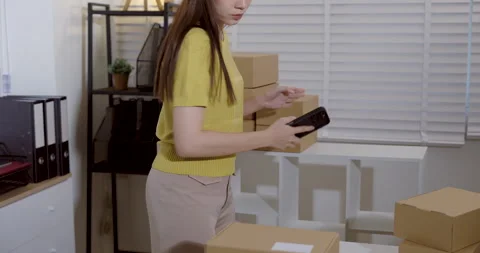 Asian entrepreneur using smartphone to scan parcel barcode, checking order Stock Footage 335142702