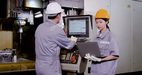 Asian factory technician points at CNC control screen while woman engineer holds Stock Footage 341398158
