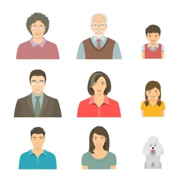 Asian family faces flat vector avatars set Illustrazione stock