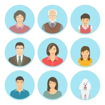 Asian family faces flat vector avatars set 스톡 일러스트