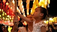 Asian Family Hanging A Thai Lanna Lantern To Make A Wish In Yi Peng Festival. Stock Footage