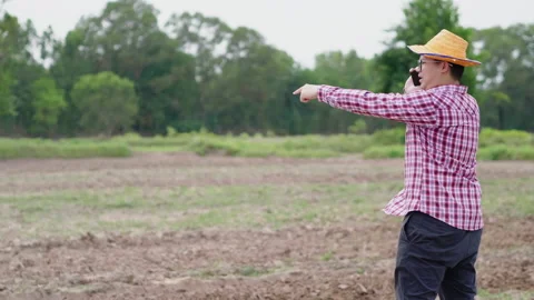 Asian farmer with smartphone, talking on cell phone in a big field Stock Footage 170646980