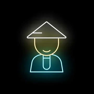 Asian farmer wearing conical hat neon icon signage Stock Illustration