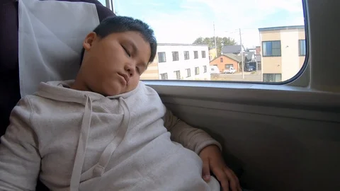 Asian fat boy sleep in the train, tried and relaxation concept Stock-Footage 98041476