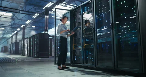 Asian Female Data Center Engineer Using Laptop Computer Stock Footage 320000099