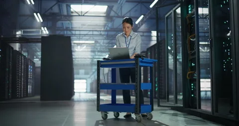 Asian Female Data Center Engineer Using Laptop Computer Video stock 320000501