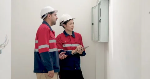 Asian female engineer discusses report with male contractor near electrical Stock Footage 337632038