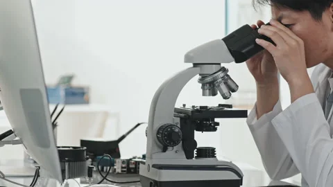 Asian Female Engineer Doing Lab Research with Microscope Stock Footage 170117449