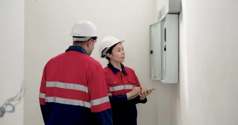 Asian female engineer explains wall panel issue to male inspector, pointing Stock Footage 336226775