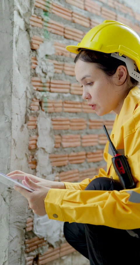 Asian female engineer inspects brick wall surface close up with clipboard, Video stock 335702239