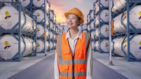 Asian Female Engineer Looking Around with Chemical Tanks Stock Footage 340839718