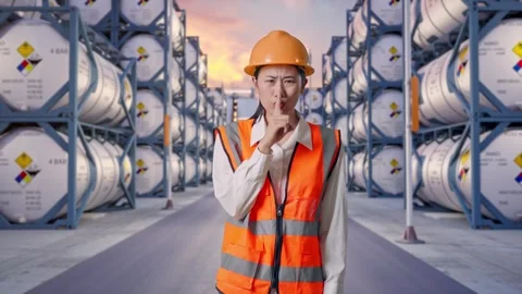 Asian Female Engineer Making Shh Gesture with Chemical Tanks Stock Footage 340840056