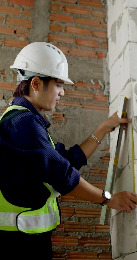 Asian female engineer measures vertical wall line with tape, reviewing Stock Footage 345221104