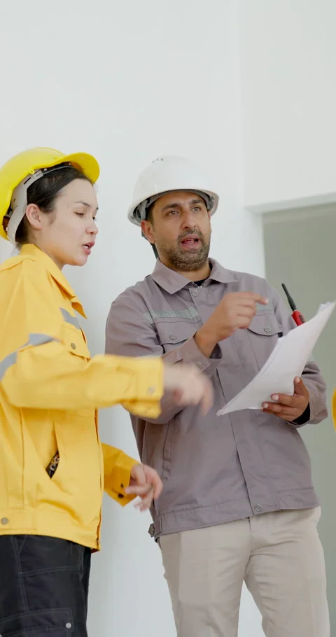 Asian female engineer points across unfinished room while male inspector checks Stock Footage 345215329