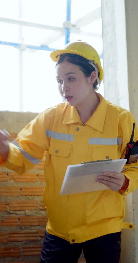Asian female engineer points toward brick wall while holding clipboard, leading 库存影片 339833390