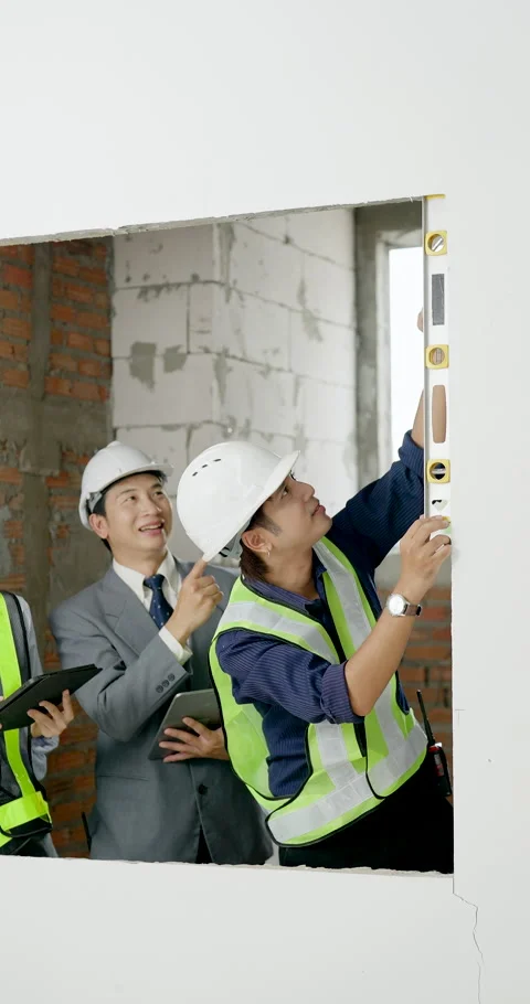 Asian female engineer points upward with level tool while male manager observes, Stock Footage 336957430