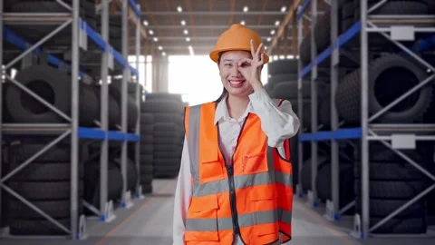 Asian Female Engineer Showing Ok Hand Sign Over Eye And Smiling Tire Warehouse Stock Footage 341788077