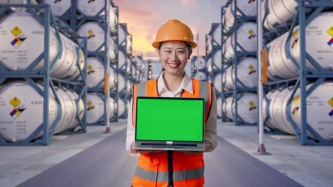 Asian Female Engineer Smiling And Showing Green Screen Laptop Stock Footage 340840326