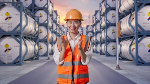 Asian Female Engineer Smiling And Clapping Her Hands with Chemical Tanks Stock Footage 340840829
