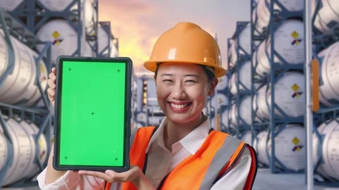 Asian Female Engineer Smiling And Showing Green Screen Tablet Stock Footage 340841679