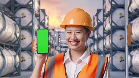 Asian Female Engineer Smiling And Showing Green Screen Smartphone Stock Footage 340841798