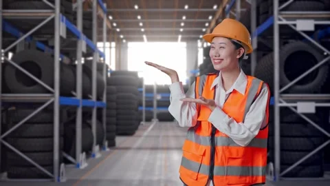 Asian Female Engineer Smiling And Pointing To Side at Tire Warehouse Stock Footage 341788050
