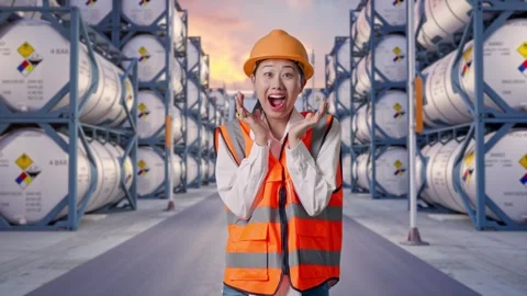 Asian Female Engineer Smiling To Camera And Saying Wow with Chemical Tanks Stock Footage 340839826