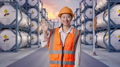 Asian Female Engineer Smiling To Camera And Waving Hand Saying Bye Stock Footage 340839881