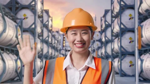 Asian Female Engineer Smiling To Camera And Waving Hand Saying Bye Stock Footage 340841051