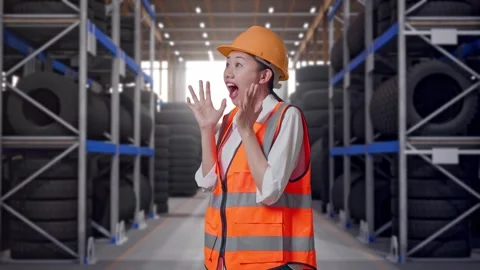 Asian Female Engineer Smiling To Camera And Saying Wow at Tire Warehouse Stock Footage 341788245