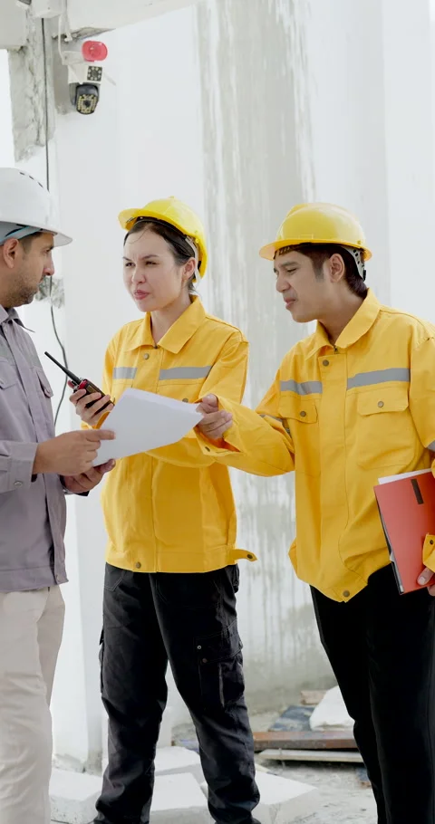 Asian female engineer studies clipboard with male contractor and inspector, Stock Footage 337632808