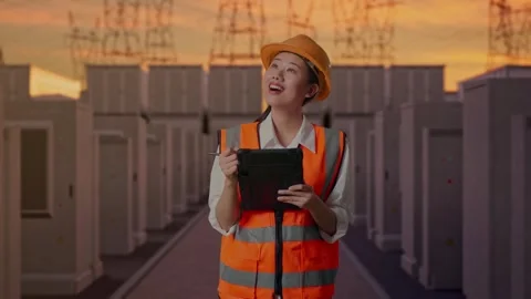 Asian Female Engineer Taking Note On The Tablet with High Voltage Power 스톡 동영상 331285507
