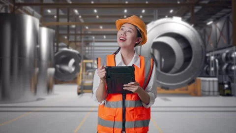 Asian Female Engineer Taking Note On The Tablet at Heavy Factory Stock Footage 340823620
